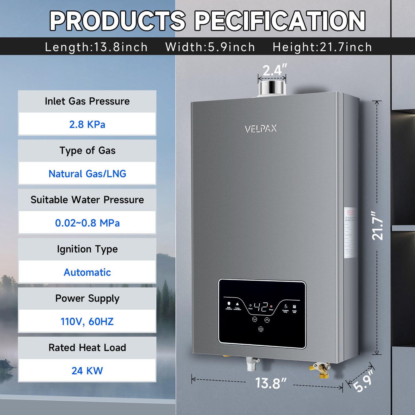 Natural Gas Tankless Water Heater, 4.21GPM 16L Indoor,Instant Hot Natural Gas Water Heater with Multi-Protection (Gray)