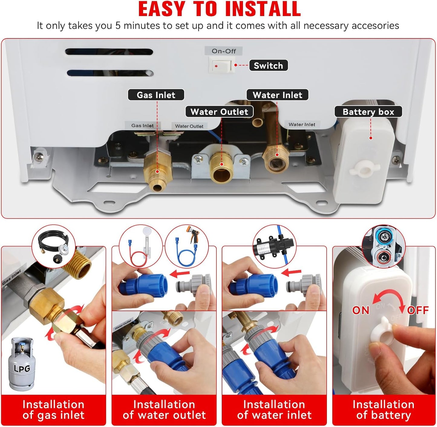 Tankless Water Heater Propane,3.18GPM 12L Outdoor Portable water heater,with 2 GPM Water Pump, Instant Propane water heater with Digital Display Multi-Protection for Camping Trips Boat Cabins