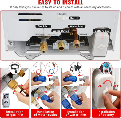 Tankless Water Heater Propane,3.18GPM 12L Outdoor Portable water heater,with 2 GPM Water Pump, Instant Propane water heater with Digital Display Multi-Protection for Camping Trips Boat Cabins