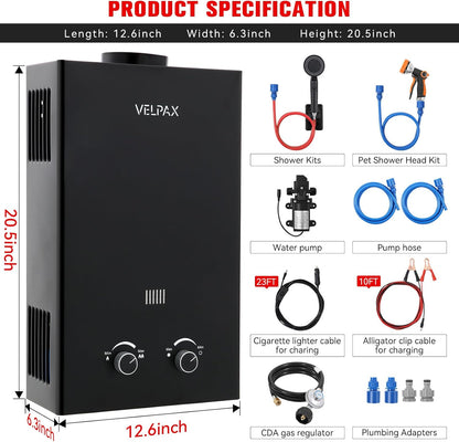 Tankless Water Heater Propane,2.11GPM 8L Outdoor Portable Water Heater,with 2 GPM Water Pump, with Digital Display Multi-Protection for Camping Trips Boat Cabins