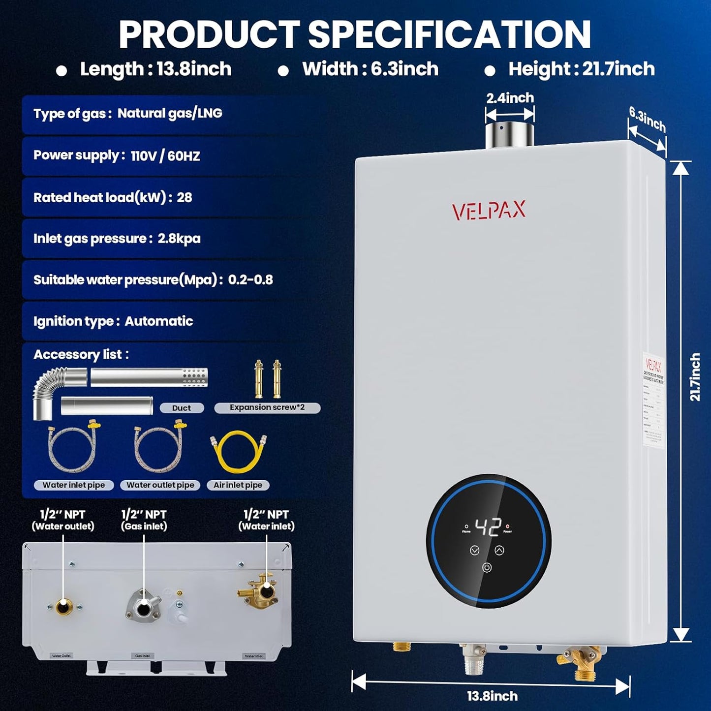 Natural Gas Tankless Water Heater,4.74GPM 18L Indoor,Instant Hot Gas water heater,Constant Natural Water Heater with Multi-Protection