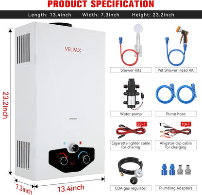 Tankless Water Heater Propane,3.18GPM 12L Outdoor Portable water heater,with 2 GPM Water Pump, Instant Propane water heater with Digital Display Multi-Protection for Camping Trips Boat Cabins