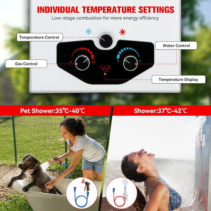 Tankless Water Heater Propane,3.18GPM 12L Outdoor Portable water heater,with 2 GPM Water Pump, Instant Propane water heater with Digital Display Multi-Protection for Camping Trips Boat Cabins