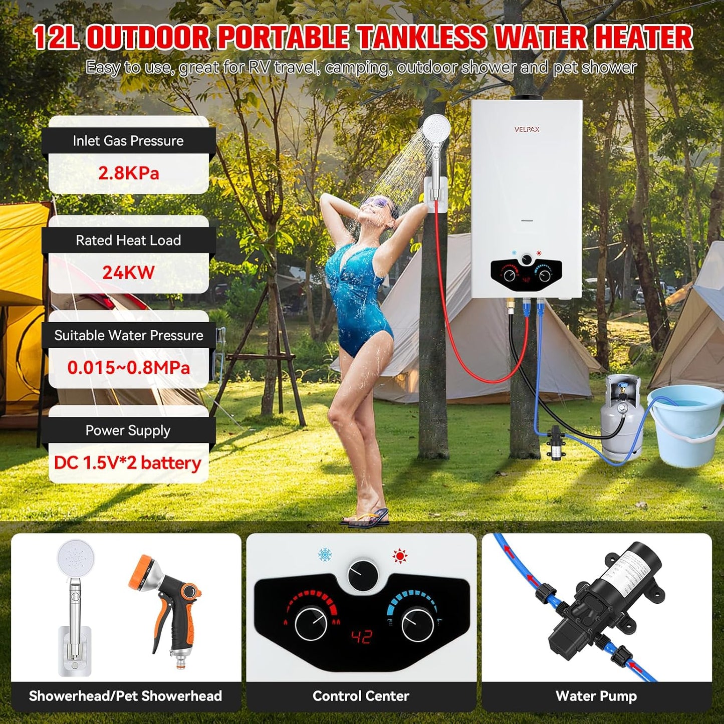 Tankless Water Heater Propane,3.18GPM 12L Outdoor Portable water heater,with 2 GPM Water Pump, Instant Propane water heater with Digital Display Multi-Protection for Camping Trips Boat Cabins