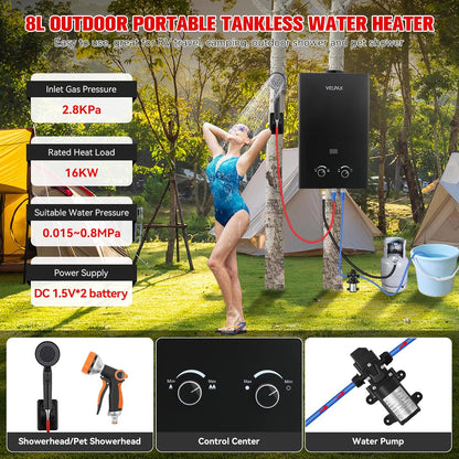 Tankless Water Heater Propane,2.11GPM 8L Outdoor Portable Water Heater,with 2 GPM Water Pump, with Digital Display Multi-Protection for Camping Trips Boat Cabins