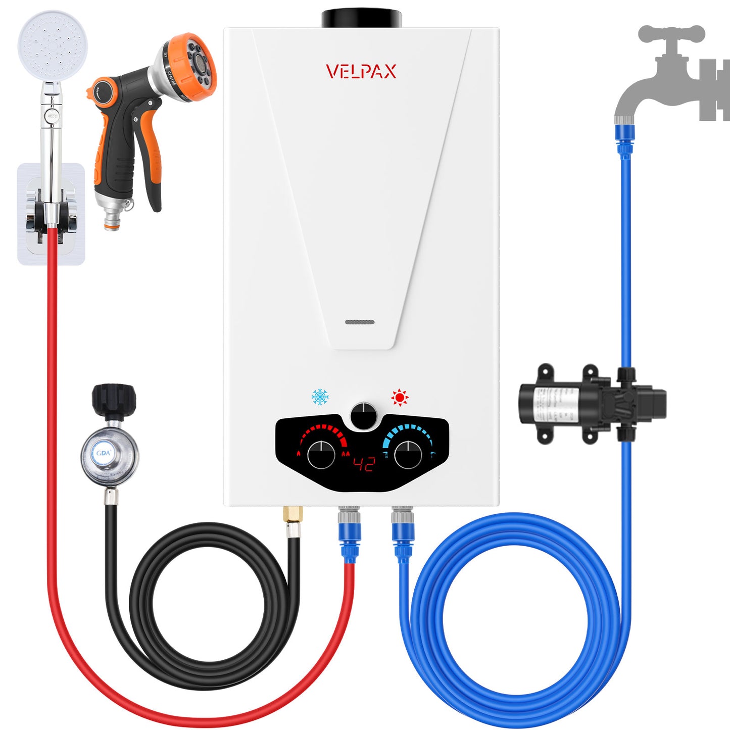 Tankless Water Heater Propane,2.64GPM 10L Outdoor Portable water heater,with 2 GPM Water Pump, Instant Propane water heater with Digital Display Multi-Protection for Camping Trips