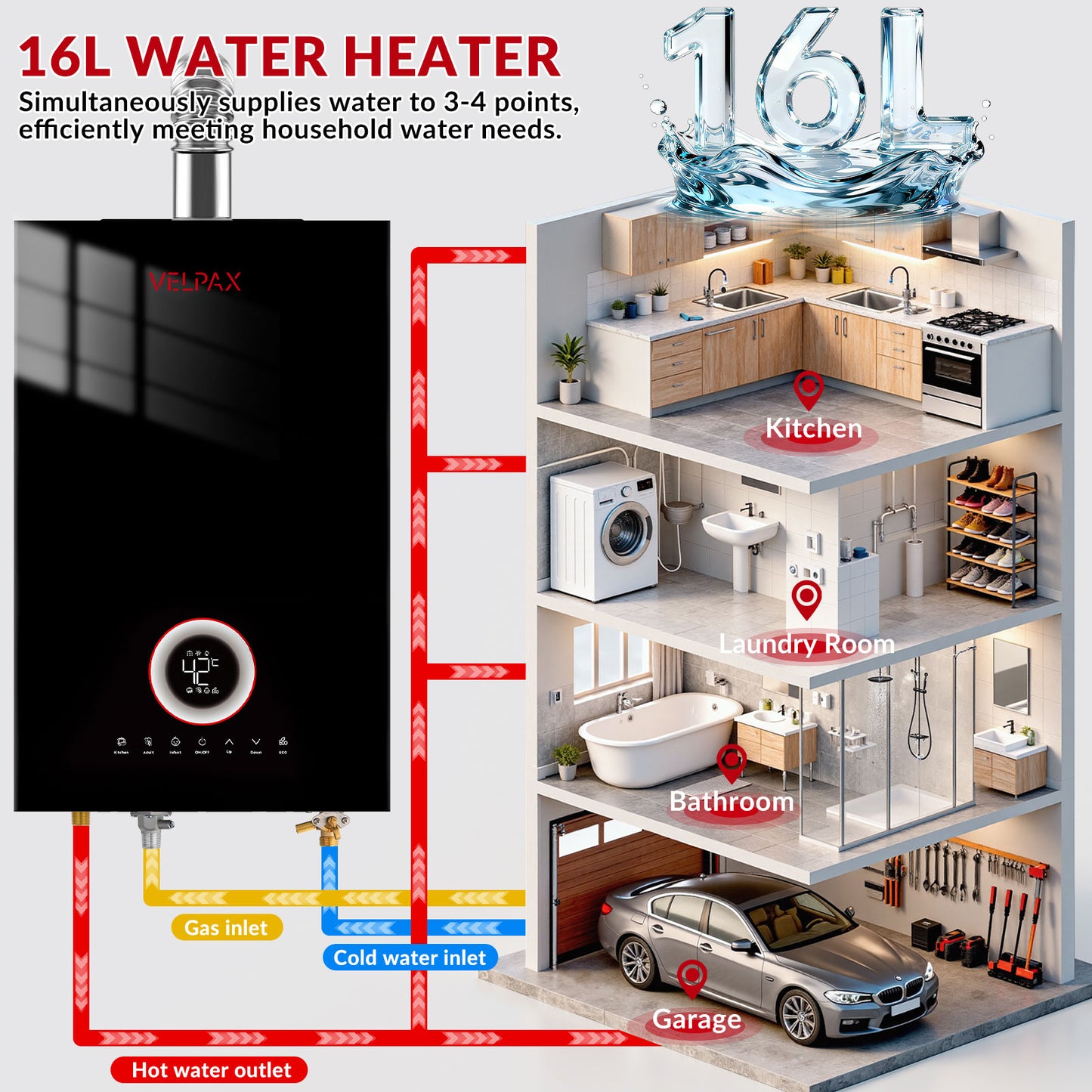 Tankless Water Heater Natural Gas, 4.21 GPM 16L Indoor Instant Hot Water Heater with Digital Fahrenheit Display Multi-Protection Constant Temperature for Home & Apartment